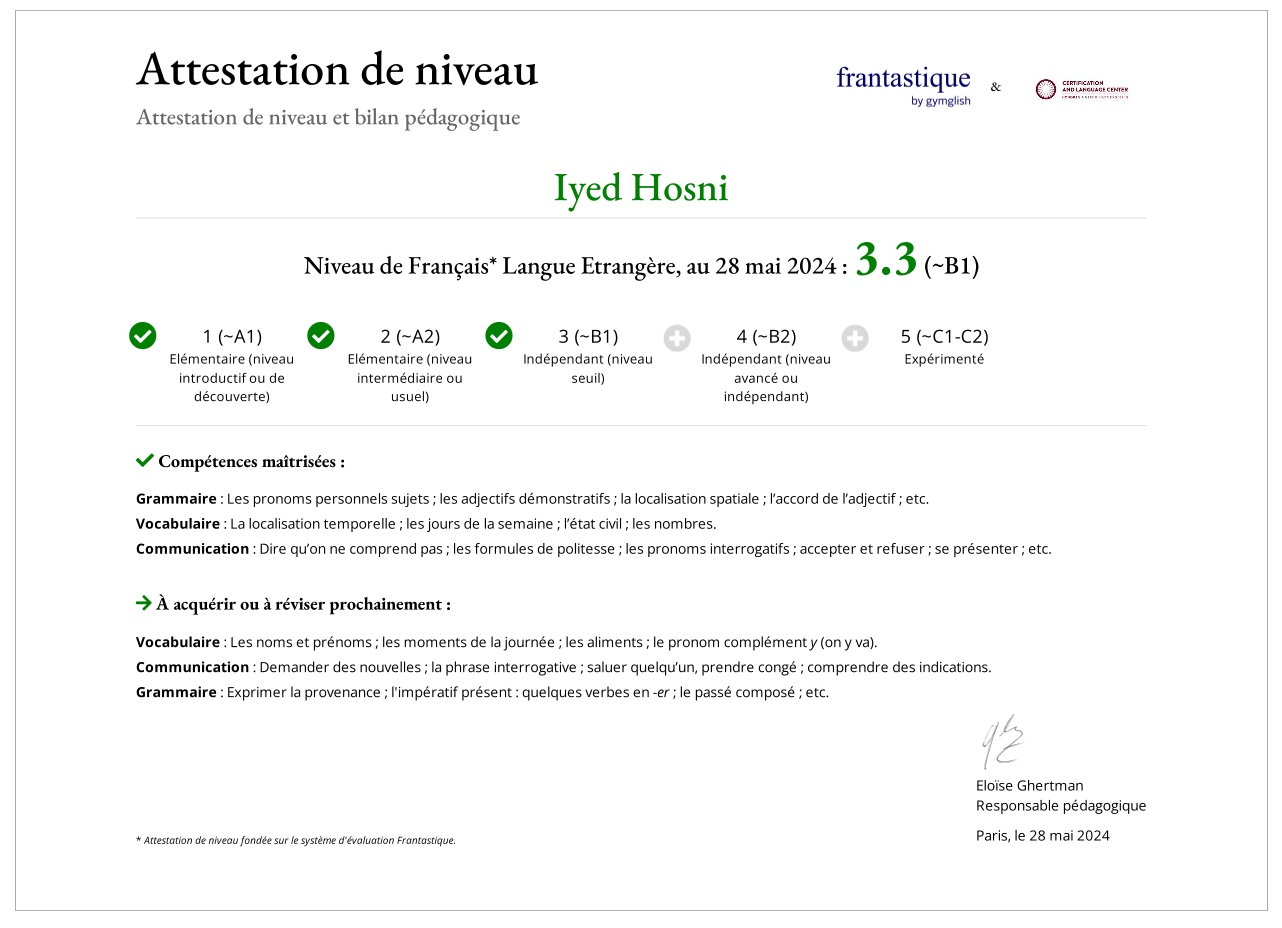 French Language Proficiency B1 Level Certification — Iyed Hosni