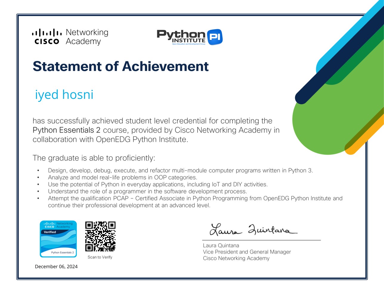 Cisco Python Essentials 2 Certificate of Completion — Iyed Hosni
