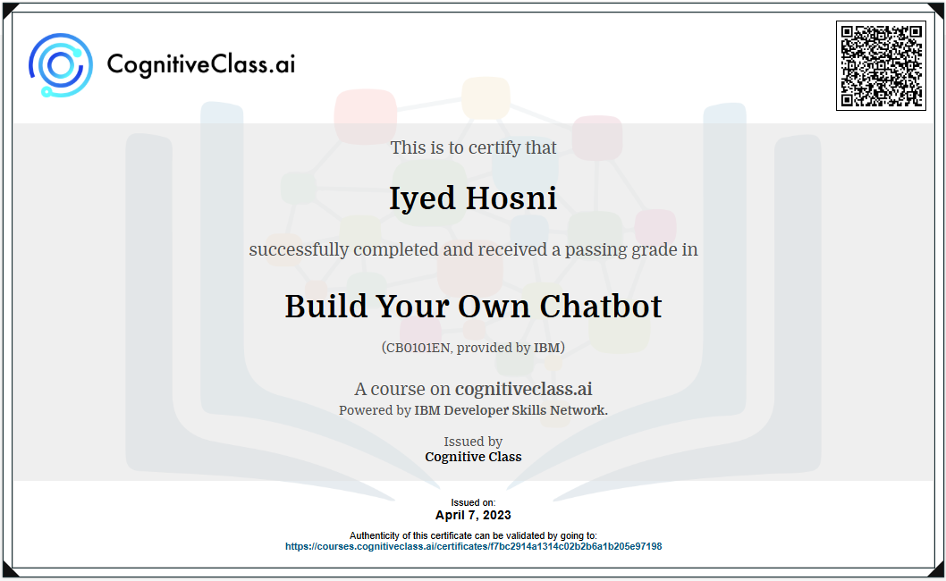 IBM CognitiveClass Build Your Own Chatbot Certificate — Iyed Hosni