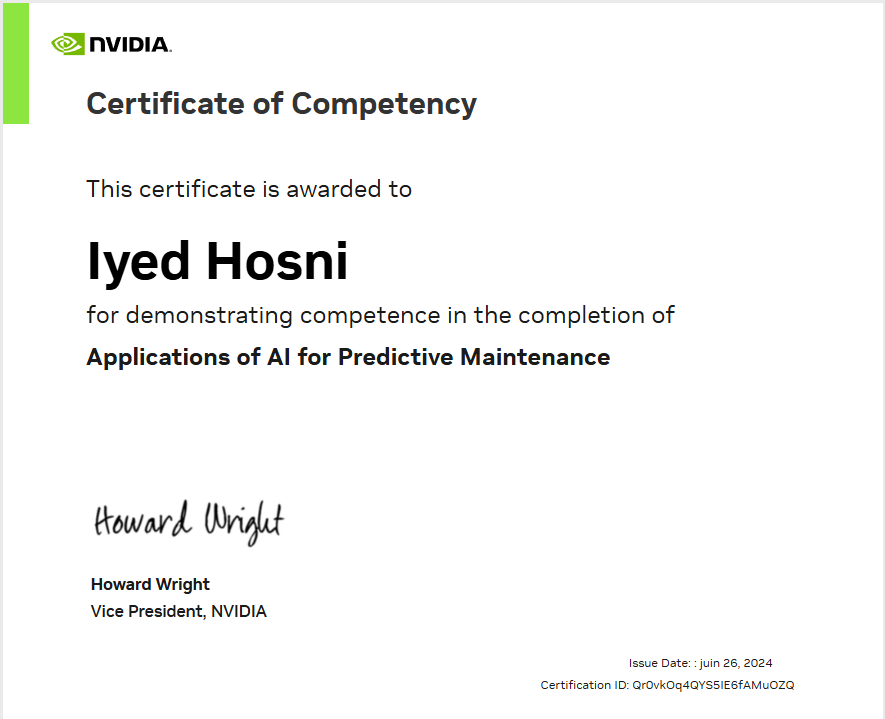NVIDIA Certificate of Competency in Applications of AI for Predictive Maintenance — Iyed Hosni