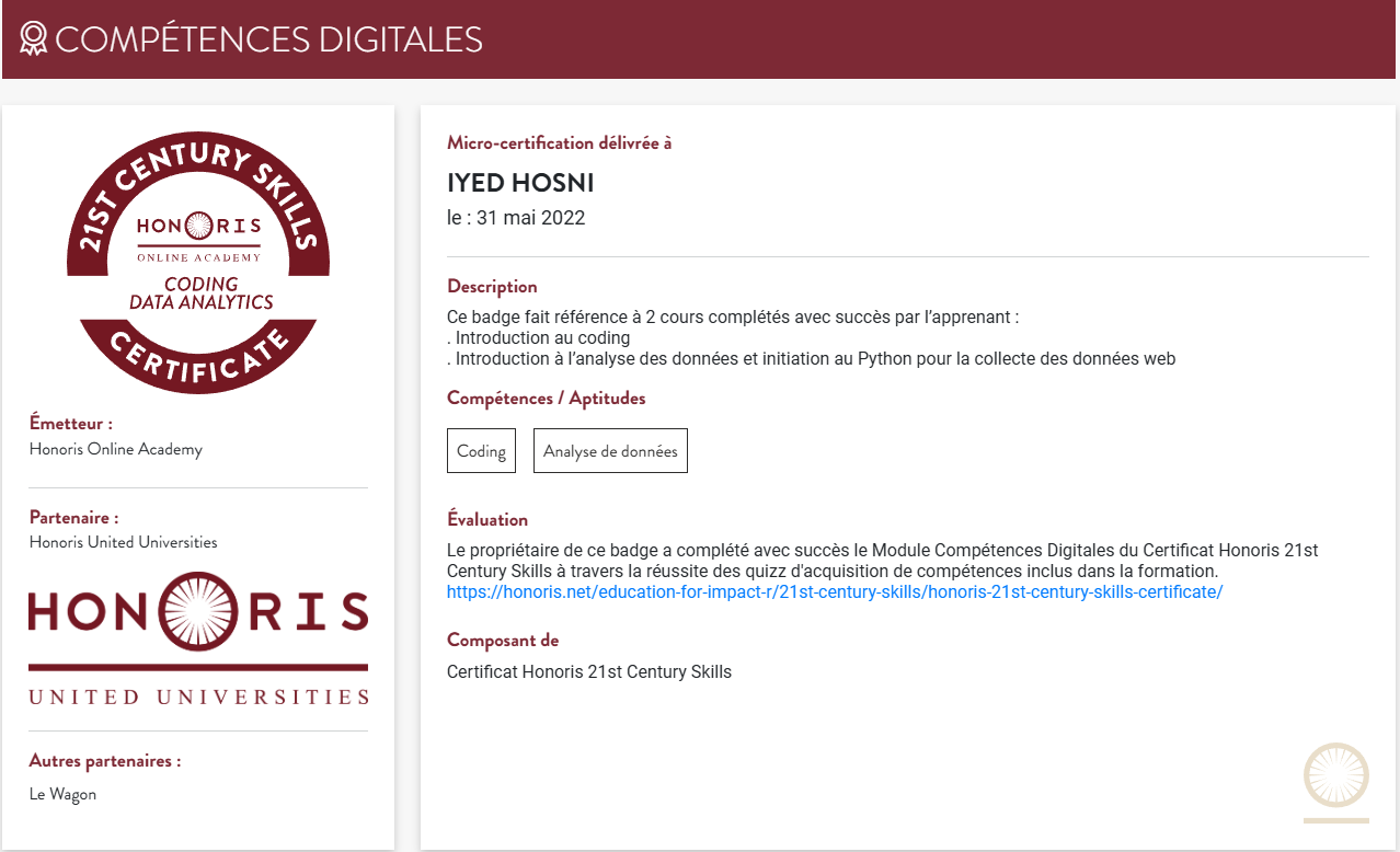 Honoris 21st Century Skills Coding & Data Analytics Certificate — Iyed Hosni